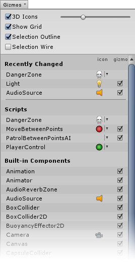 Unity Gizmos菜單，顯示一些項目與分配的自定義圖標和一些最近修改的項目