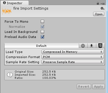 Unity 檢查器窗口顯示音頻文件的導入設(shè)置